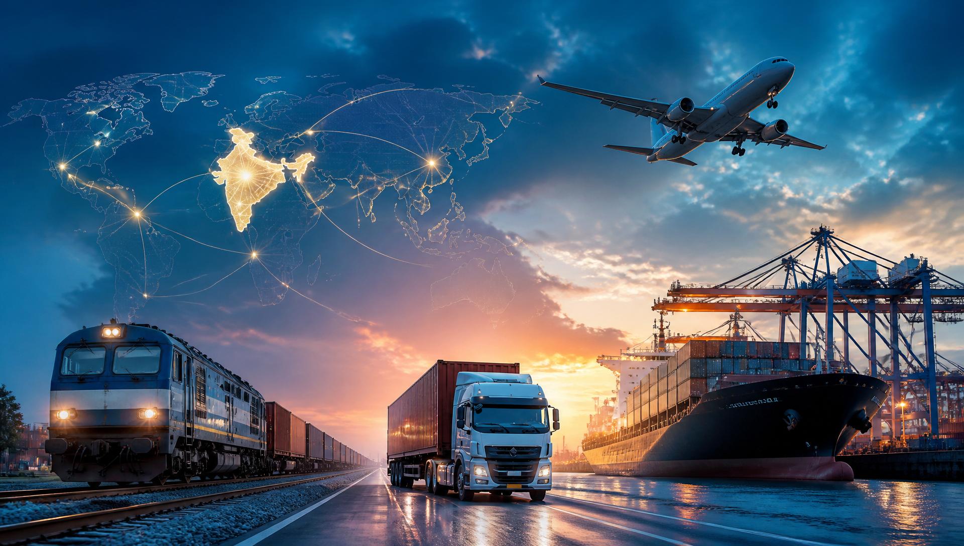 Freight train, cargo ship, truck and aircraft connecting India to global markets